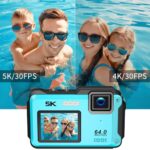 5K Underwater Camera 16FT Waterproof Digital Camera Selfie Dual Screens 64MP Waterproof Camera with WIFI, 32GB Micro SD Card, 1200mAh Battery, 16X Digital Zoom Underwater Camera for Snorkeling,Blue