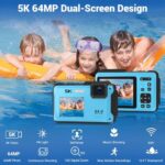 Underwater Camera, 5K 64MP 16FT Waterproof Digital Camera, WiFi 16X Digital Zoom Dual-Screen Selfie Underwater Camera For Snorkeling Travel Water Camera with Fill Light, Lanyard & 32GB TF Card (Blue)