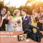 4K Video Camera Camcorder, 64MP 60FPS 18X Digital Zoom Auto Focus Vlogging Camera for YouTube, HD WiFi Video Camera with 4500mAh Battery, SD Card, Stabilizer, Mic, Remote Control and Charger