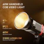 GVM PL60B 60W Video Light for COB Studio Lights, Portable Photography Lighting for Recording, Handheld Led Video Lighting, 2* Batteries, Spotlight for APP Control, Outdoor, 2700-6800K, 51800LUX/0.5M