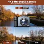 4K Digital Camera 64MP Dual Lens Vlogging Camera with Autofocus, 3.0” Screen YouTube Camera with Flash 18X Zoom Point and Shoot Digital Camera with 64G Card and 2 Batteries, Compact