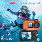 Upgraded 8K 70MP Underwater Camera with 64G Card, 33FT Waterproof Camera Rugged Dustproof Shockproof for Snorkeling, Selfie Digital Camera for Diving, Dual-Screen Underwater Photography Camera