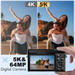 Digital Camera, 64MP Cameras for Photography, 5K Vlogging Camera for YouTube, 180°Flip Screen Digital Point and Shoot Camera with 18X Zoom, Compact Camera for Beginner with 32GB SD Card(2 Batteries)