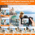 5K Digital Camera 5X Optical Zoom Cameras for Photography, 64MP Front and Rear Dual Cameras Vlogging Camera for YouTube Video with 3.2″ IPS Touchscreen, 6-Axis Stabilization, 64G TF Card, 2 Batteries