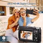 4K Digital Camera for Photography, 48MP Autofocus Vlogging Camera for YouTube with 3” 180°Flip Screen, 16X Digital Zoom Anti-Shake Compact Travel Camera with SD Card, 2 Batteries & Charging Stand